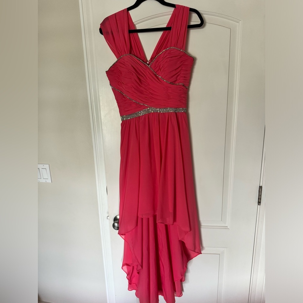 Mori Lee bright pink Ruched V-Neck prom dress